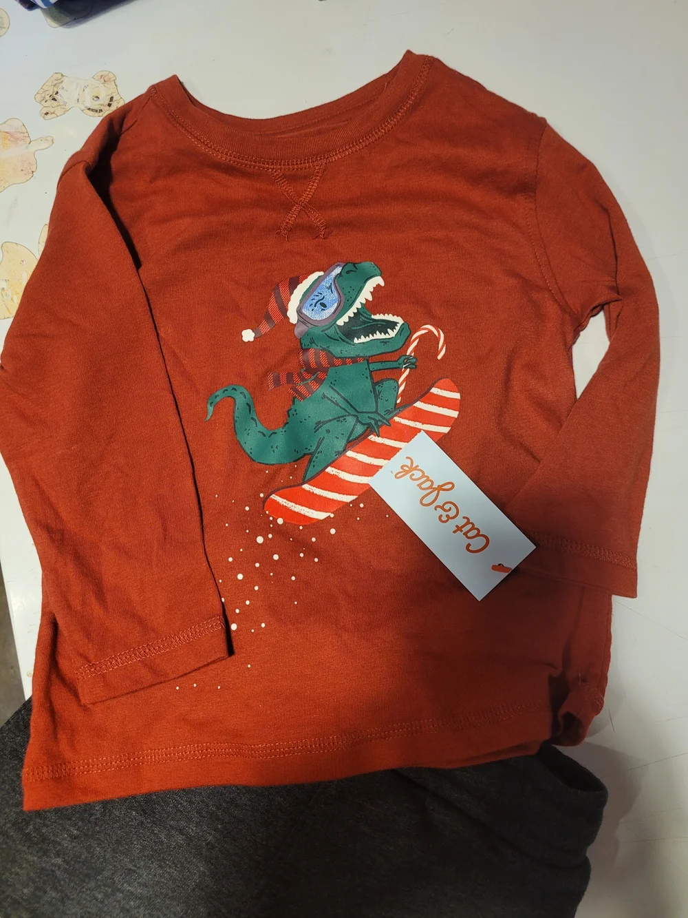 Cat & Jack Red Long Sleeve Top with Green Dinosaur Snowboard Graphic